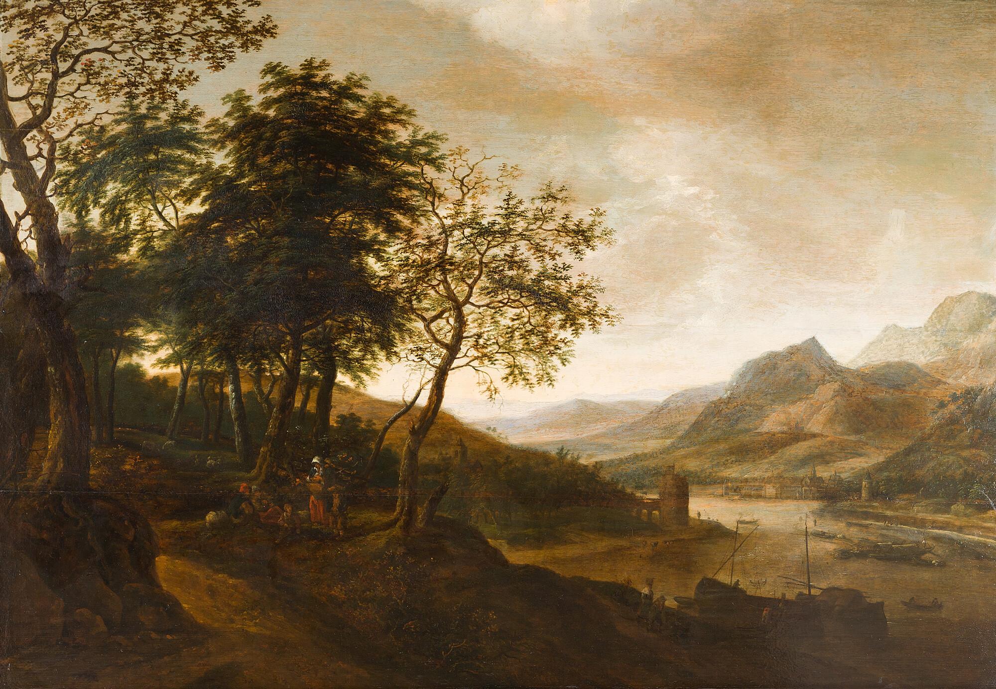 Adriaen Hendriksz Verboom - Weite, hügelige Flusslandschaft mit Rastenden unter mächtigen