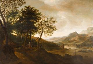 Adriaen Hendriksz Verboom - Weite, hügelige Flusslandschaft mit Rastenden unter mächtigen