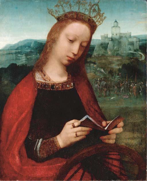 Adriaen Isenbrandt - Saint Catherine of Alexandria, with the scene of her martyrdom beyond