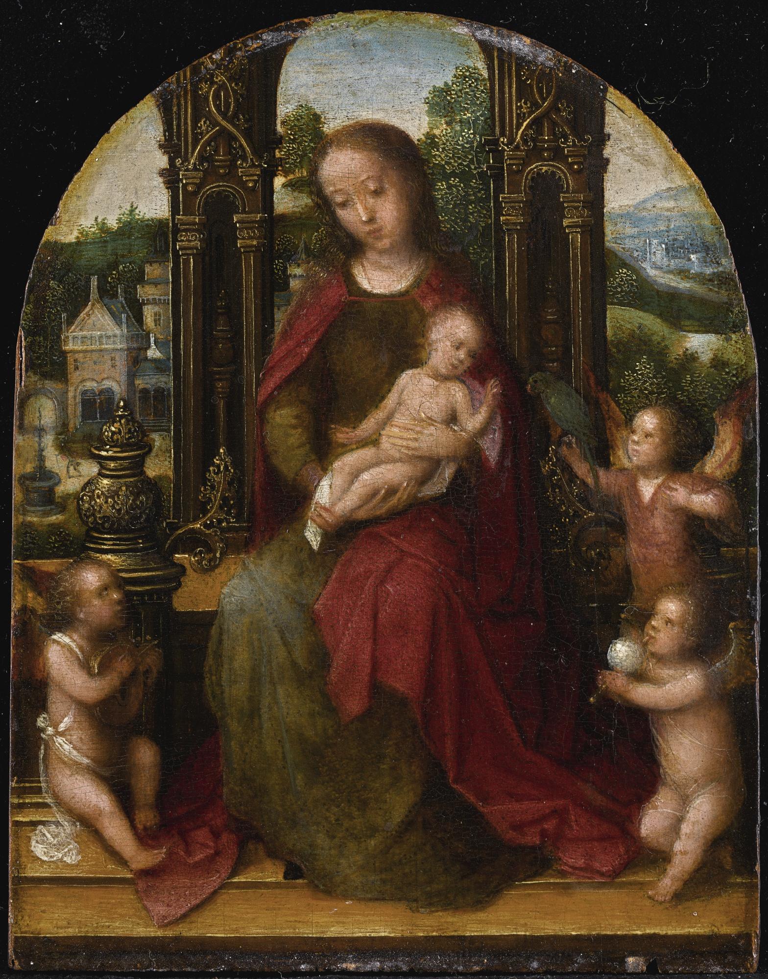 Adriaen Isenbrant - The Virgin And Child Enthroned With Angels Before A Landscape