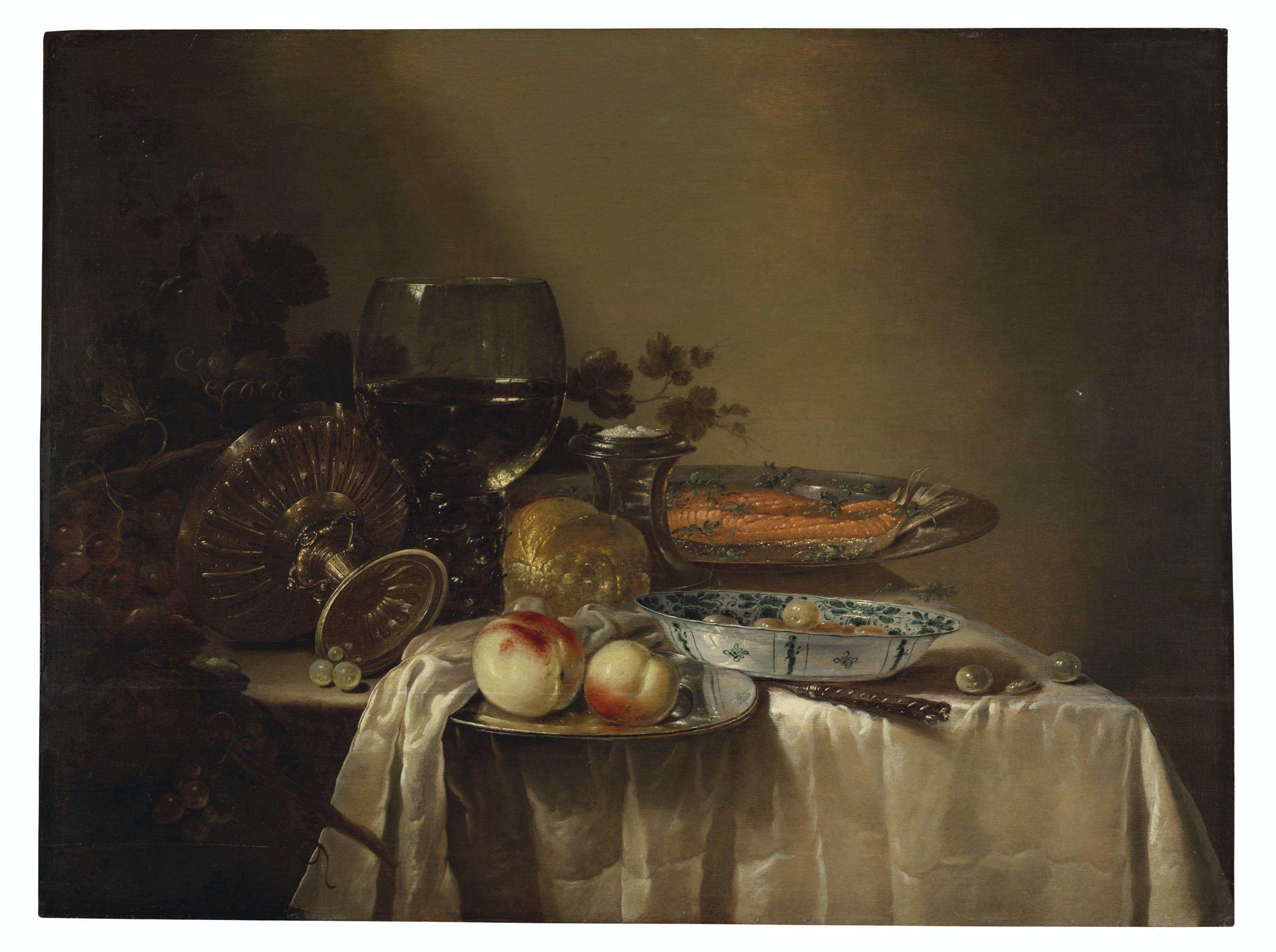 Adriaen Jansz. Kraen - A roemer, an upturned tazza, grapes, peaches and salmon on pewter platters, olives in a porcelain bowl, and other objects on a partly draped table