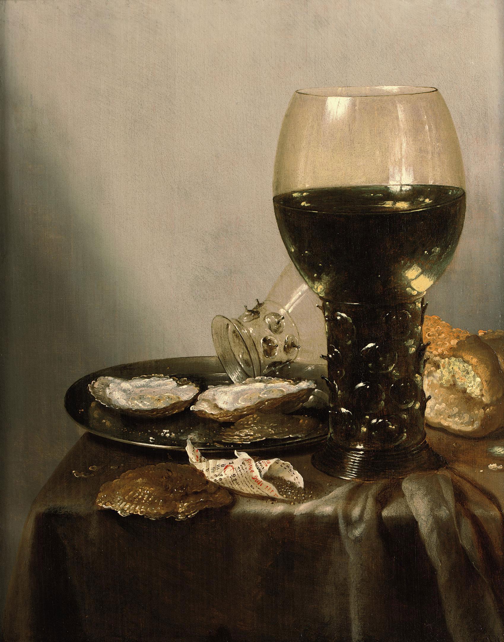 Adriaen Jansz. Kraen - A \'roemer\' of white wine, a loaf of bread, oysters and a smaller \'roemer\' on a silver plate with a shell and a folded piece of paper containing pepper, all on a draped table