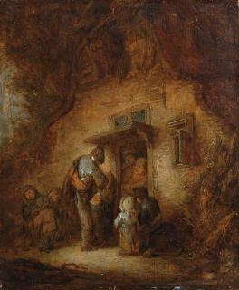 Adriaen Jansz. van Ostade - A hurdy-gurdy player with children at a cottage door