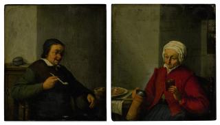 Adriaen Jansz Van Ostade - A man smoking in an interior; A woman holding a jug and a cup