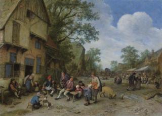 Adriaen Jansz. Van Ostade - A Village Street With A Hurdy-Gurdy Player And A Violinist Playing Outside A Tavern