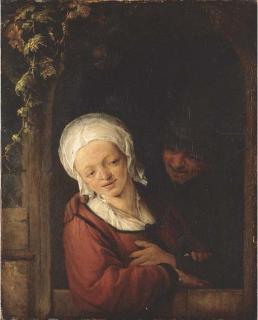 Adriaen Jansz. Van Ostade - An amorous couple at a cottage door