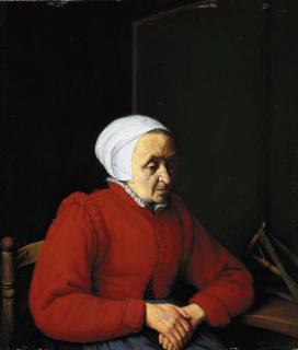 Adriaen Jansz. van Ostade - An elderly lady in a red coat, by a table with a distaff