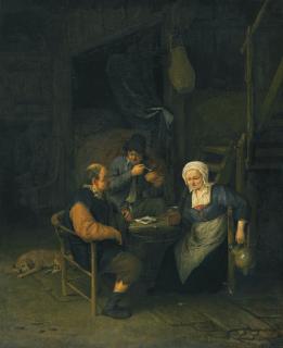 Adriaen Jansz. van Ostade - An Interior With Two Boors And A Woman Conversing, Smoking And Drinking At A Table