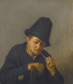 Adriaen Jansz. Van Ostade - An Old Man With In A Tall Hat Leaning On A Chair Back And Smoking A Clay Pipe