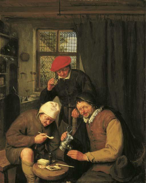 Adriaen Jansz. van Ostade - De Drinker: Three boors drinking and smoking in a spirit house