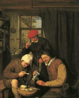 Adriaen Jansz. van Ostade - De Drinker: Three boors drinking and smoking in a spirit house