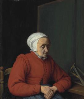 Adriaen Jansz. van Ostade - Portrait Of An Elderly Lady In A Red Coat, Seated By A Table With A Flax Winder