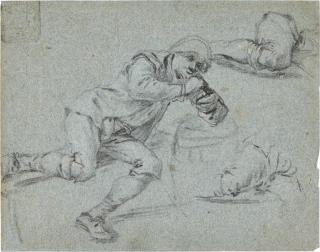 Adriaen Jansz van Ostade - Studies of a Man seated on a bench, leaning on a barrel