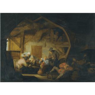 Adriaen Jansz. Van Ostade - The Interior Of A Barn With Peasants Playing Cards Around A Stool