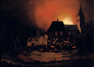 Adriaen Lievensz. van der Poel - A burning village at night