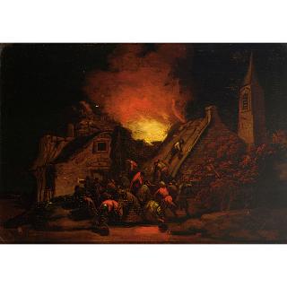 Adriaen Lievensz. van der Poel - A Town House On Fire With Villagers Trying To Rescue