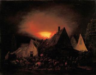 Adriaen Lievensz. Van Der Poel - A townhouse ablaze with villagers trying to rescue