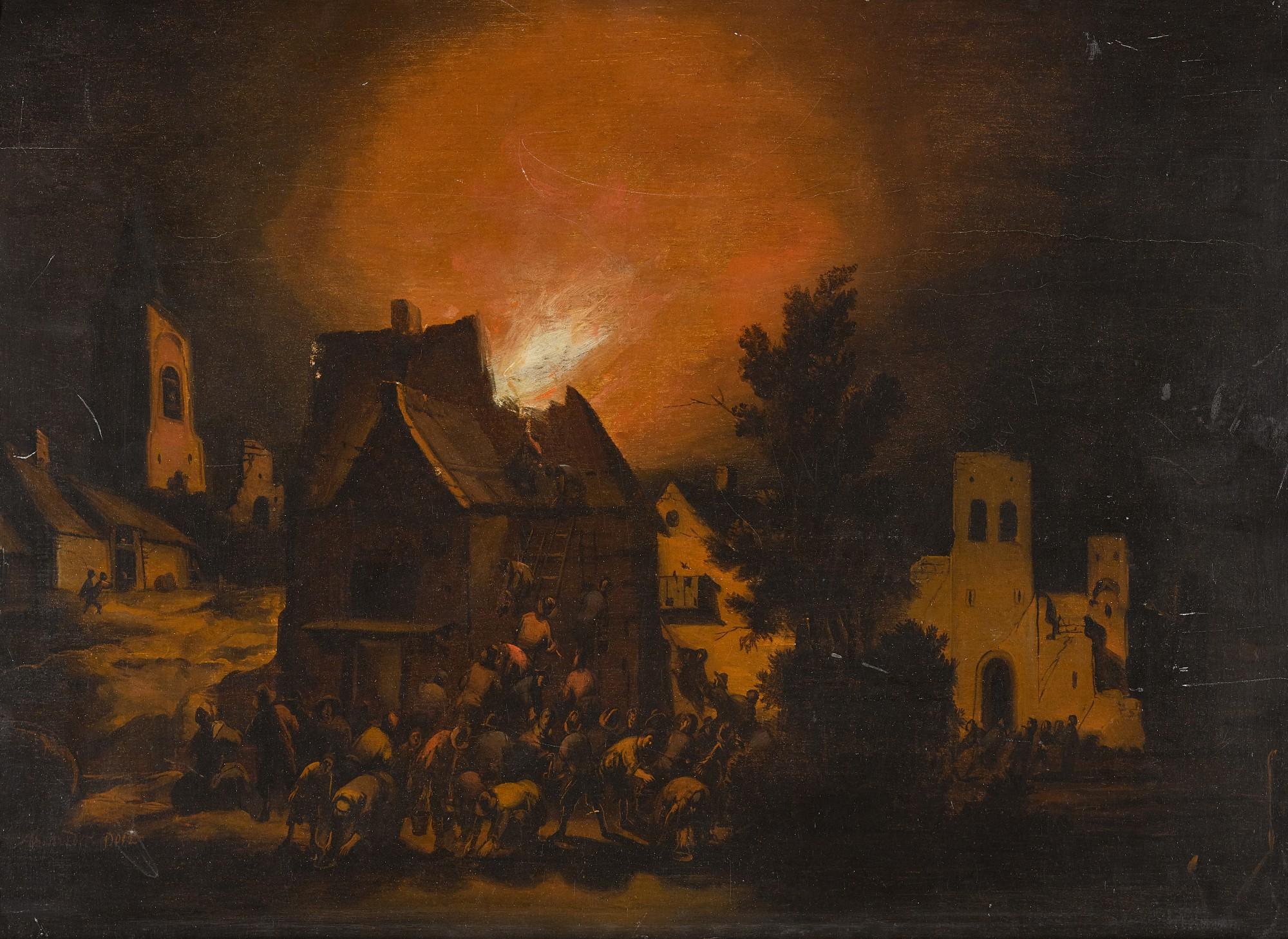 Adriaen Lievensz. Van Der Poel - A Village On Fire At Night