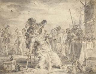 Adriaen Pietersz. Van De Venne - A quack dentist removing a tooth from a seated woman in a market place