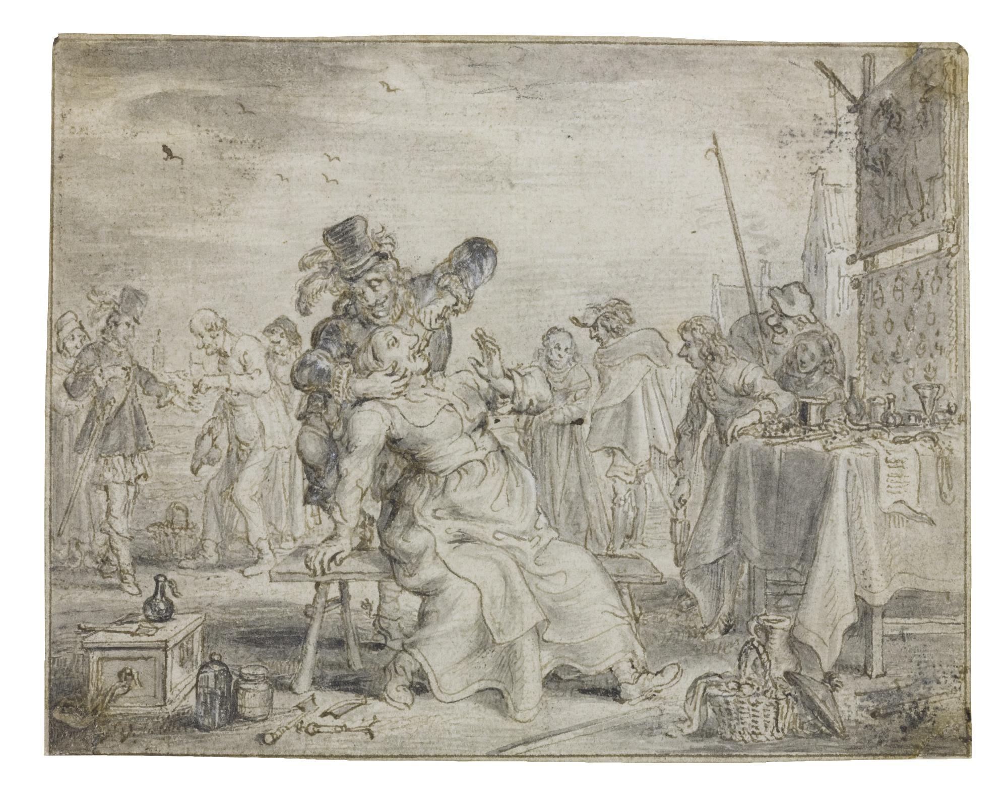 Adriaen Pietersz. Van De Venne - A Quack Dentist Removing A Tooth From A Seated Woman