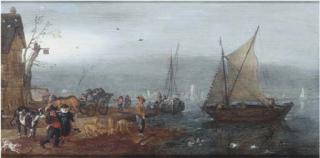 Adriaen Pietersz. Van De Venne - A river landscape with figures on the bank near an inn, shipping beyond