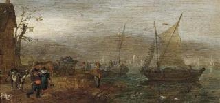 Adriaen Pietersz. Van De Venne - A river landscape with shipping with figures on a shore near an inn