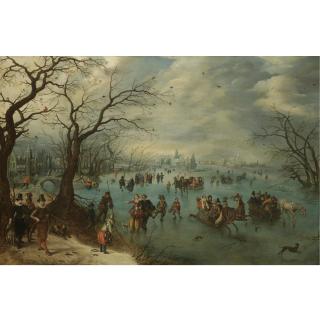 Adriaen Pietersz. van de Venne - A Winter Landscape With Figures Skating On A Frozen River, Prince Maurits Of Orange-Nassau With A Hunting Party In The Foreground
