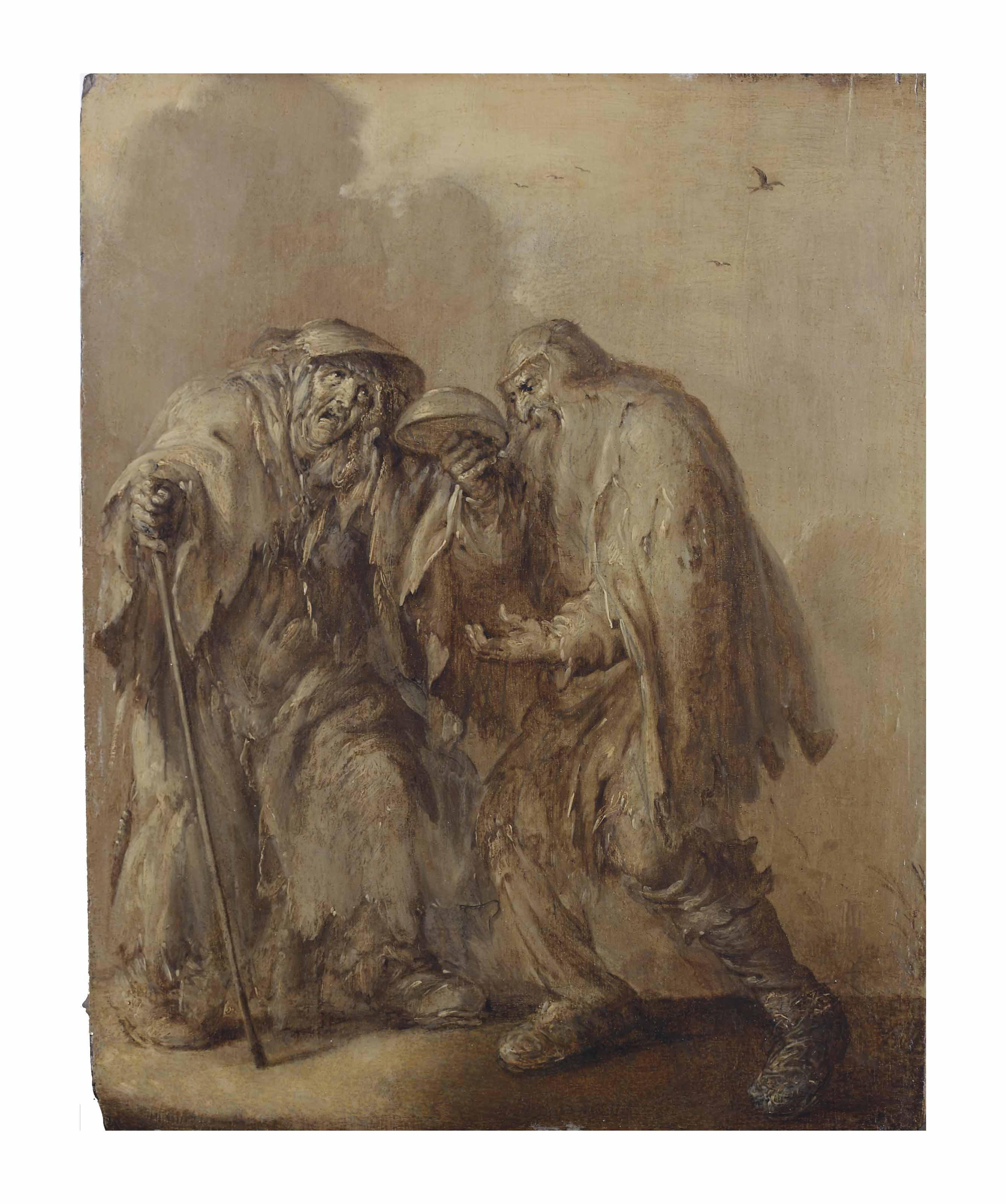 Adriaen Pietersz. Van De Venne - An elderly beggars\' couple holding an empty bowl upturned; \'en brunaille\'