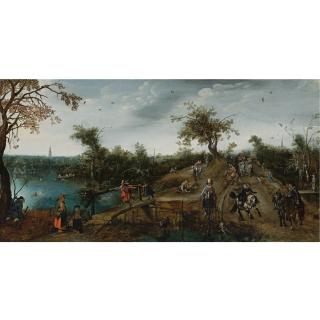 Adriaen Pietersz. van de Venne - An Extensive Landscape With Princes Maurits And Frederik Hendrik Nassau In A Carriage And Other Elegant Travellers Passing A River, A Huntsman In The Left Foreground And The Tower Of The Grote Kerk Beyond
