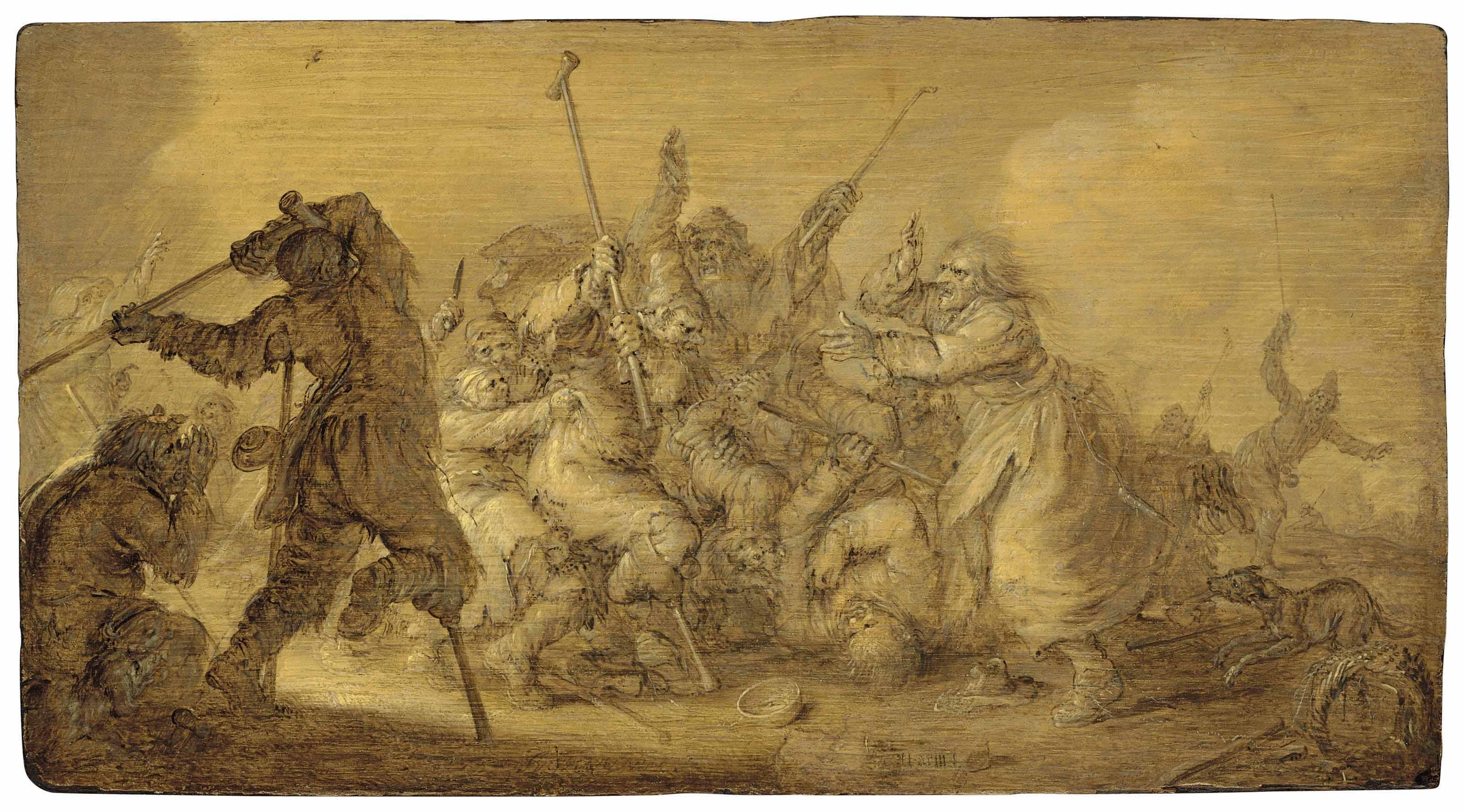Adriaen Pietersz. Van De Venne - Fighting Beggars - En Brunaille