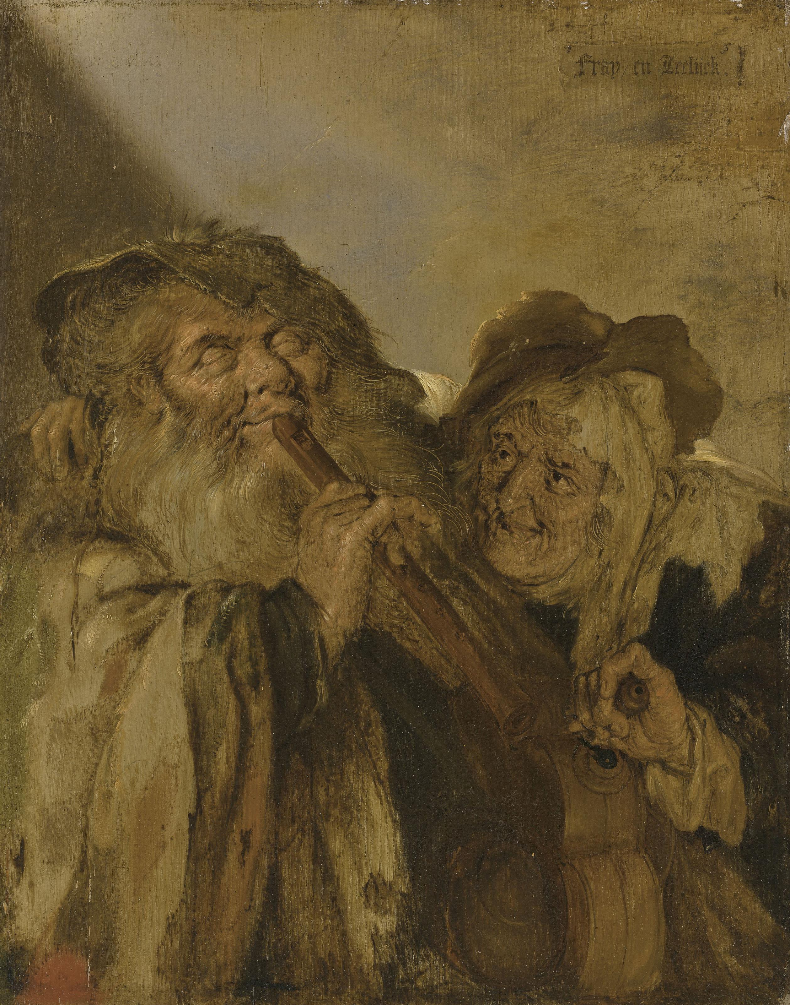 Adriaen Pietersz. Van De Venne - Fray en Leelijck : a blind man playing a pipe and a peasant woman playing a hurdy-gurdy