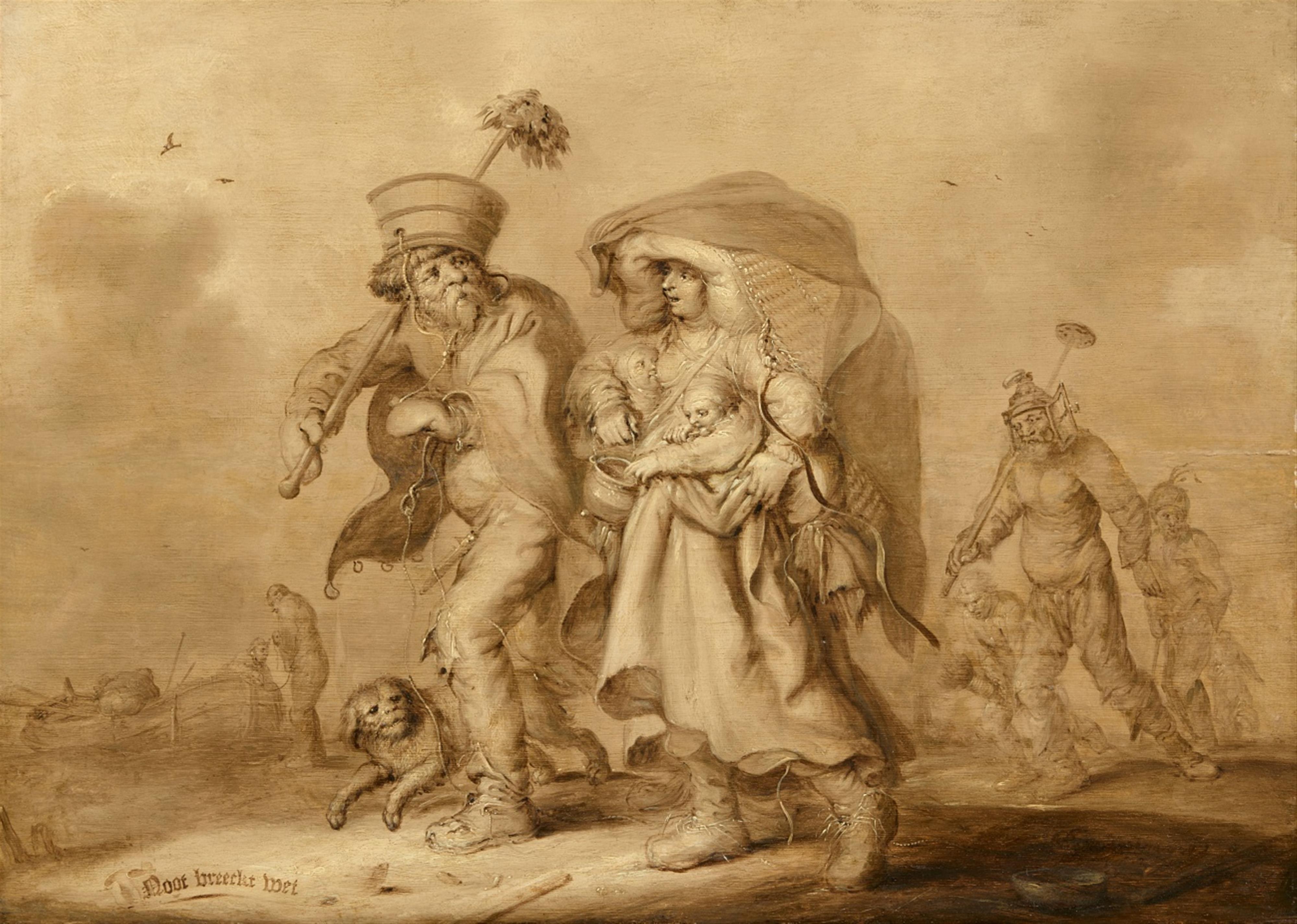 Adriaen Pietersz van de Venne - Noot breeckt wet – Ein Paar, beladen mit Hausrat und zwei kleinen Kindern, zieht über Land, gefolgt von weiteren Habenichtsen