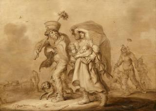 Adriaen Pietersz van de Venne - Noot breeckt wet – Ein Paar, beladen mit Hausrat und zwei kleinen Kindern, zieht über Land, gefolgt von weiteren Habenichtsen