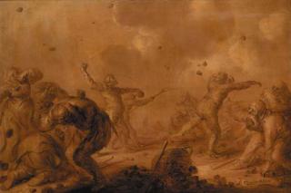 Adriaen Pietersz. Van De Venne - Quiste Kolen: Boors fighting over a basket with coals - en brunaille