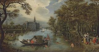 Adriaen Pietersz. Van De Venne - Summer: A river landscape with elegant company desporting in a boat and on the banks, a castle beyond