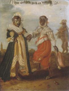 Adriaen Pietersz. van derVenne - \'Hoe Oolijck  Geck En Vrolijck!\': Two Dancing Monkeys Dressed As A Wealthy Couple