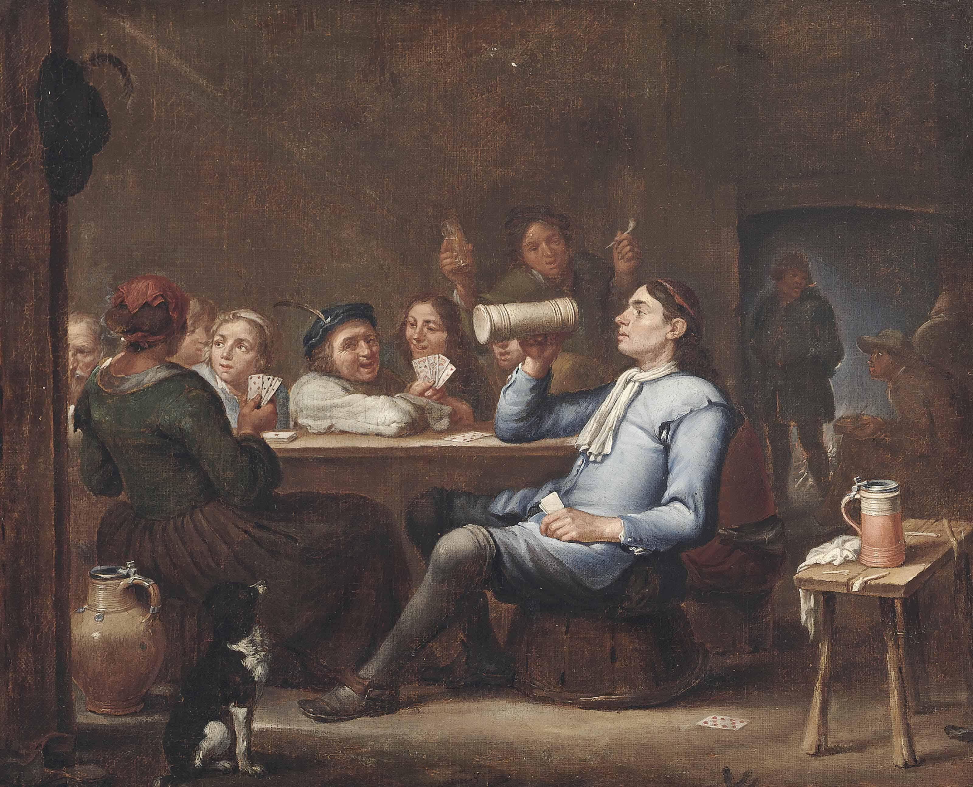 Adriaen Rombouts - Peasants drinking and playing cards in a tavern