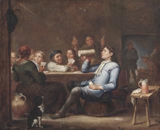 Adriaen Rombouts - Peasants drinking and playing cards in a tavern