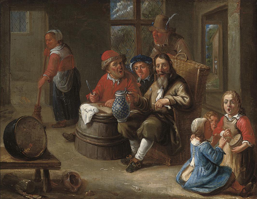 Adriaen Rombouts - Peasants smoking and drinking with children making music and an old woman in an interior