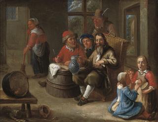 Adriaen Rombouts - Peasants smoking and drinking with children making music and an old woman in an interior