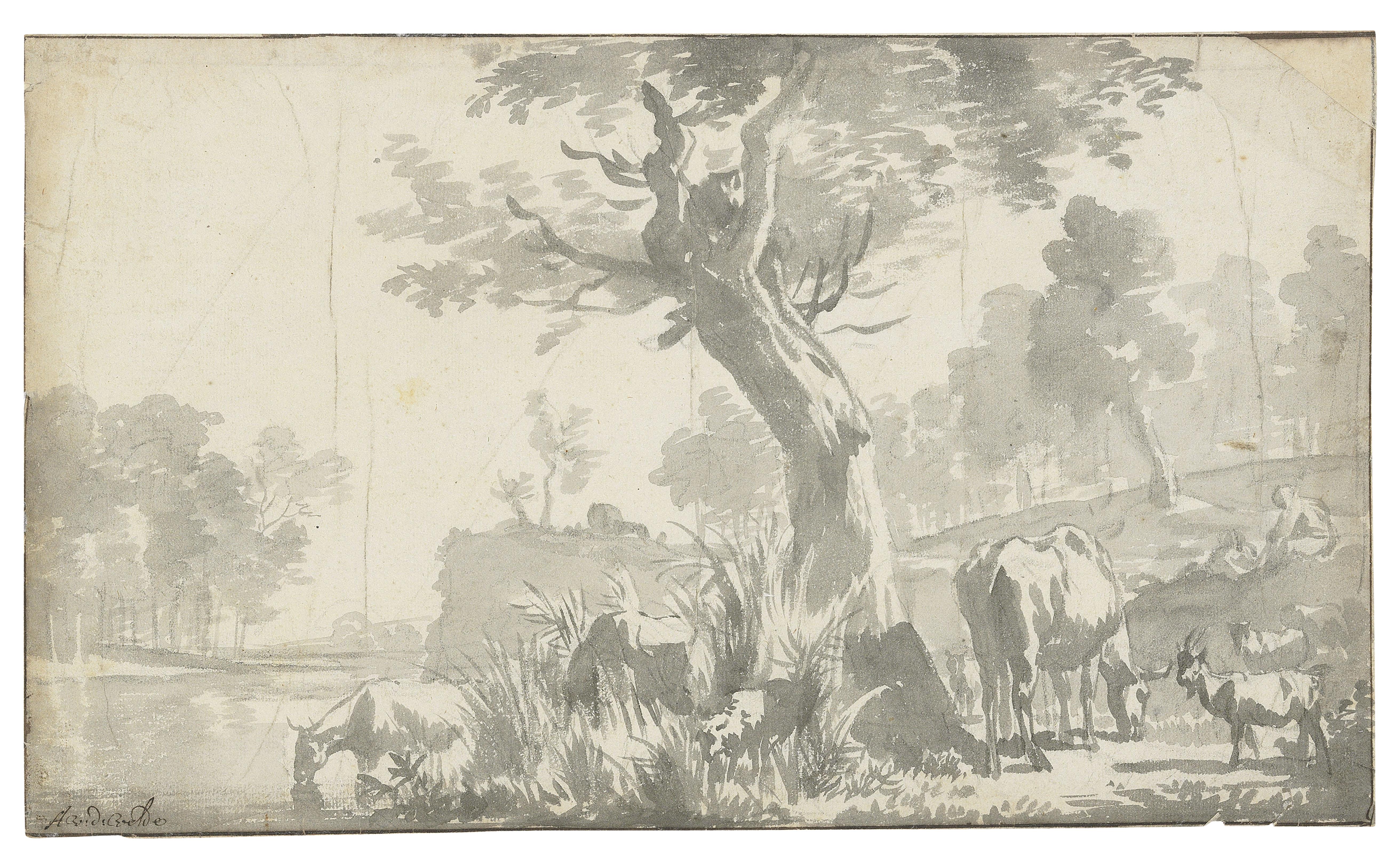 Adriaen Van De Velde - A herdsman with cattle and goats on a river bank