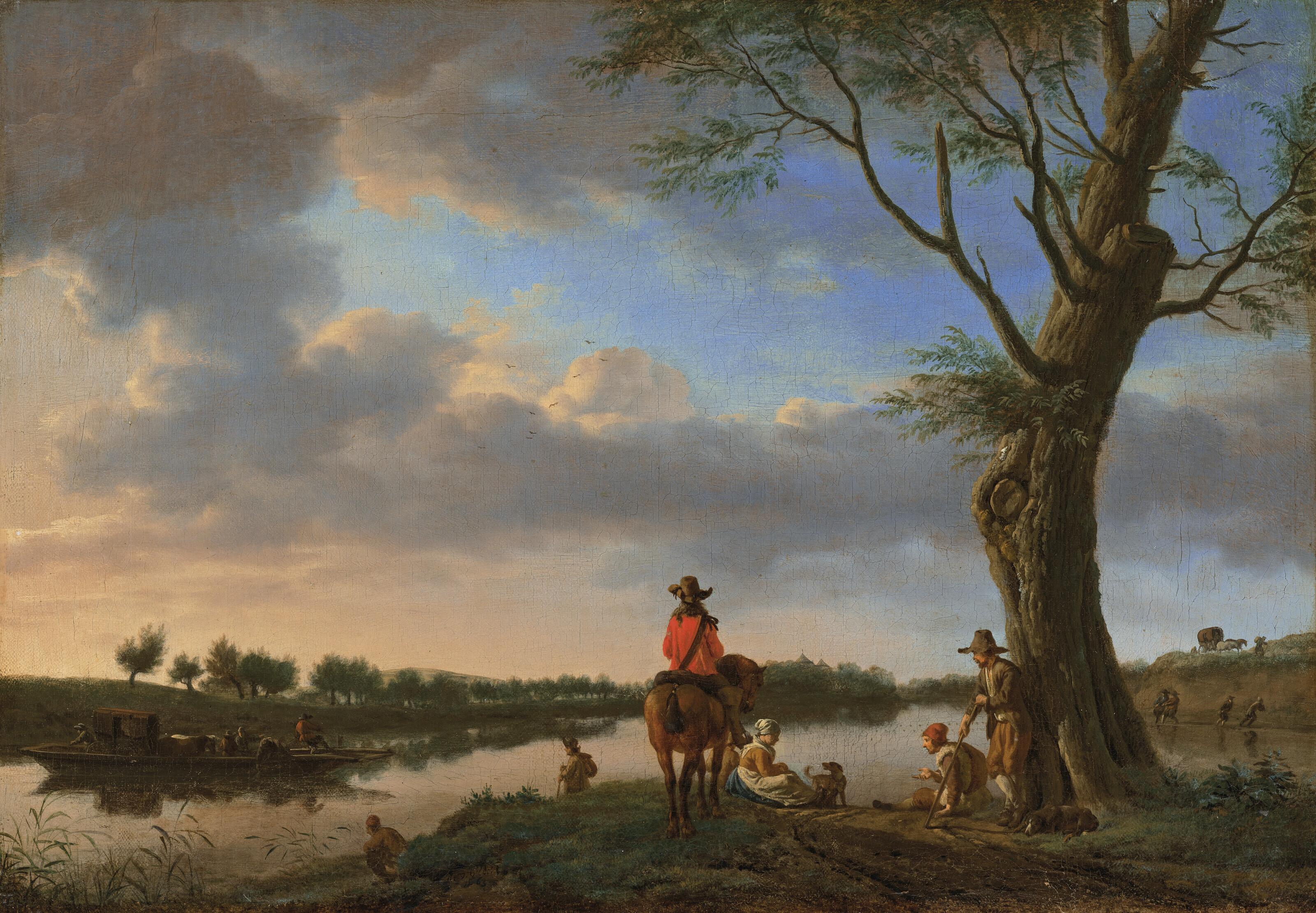 Adriaen Van De Velde - A river landscape at dusk, with a horseman and other figures waiting for a ferry on a riverbank
