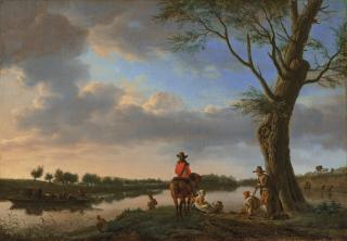 Adriaen Van De Velde - A river landscape at dusk, with a horseman and other figures waiting for a ferry on a riverbank