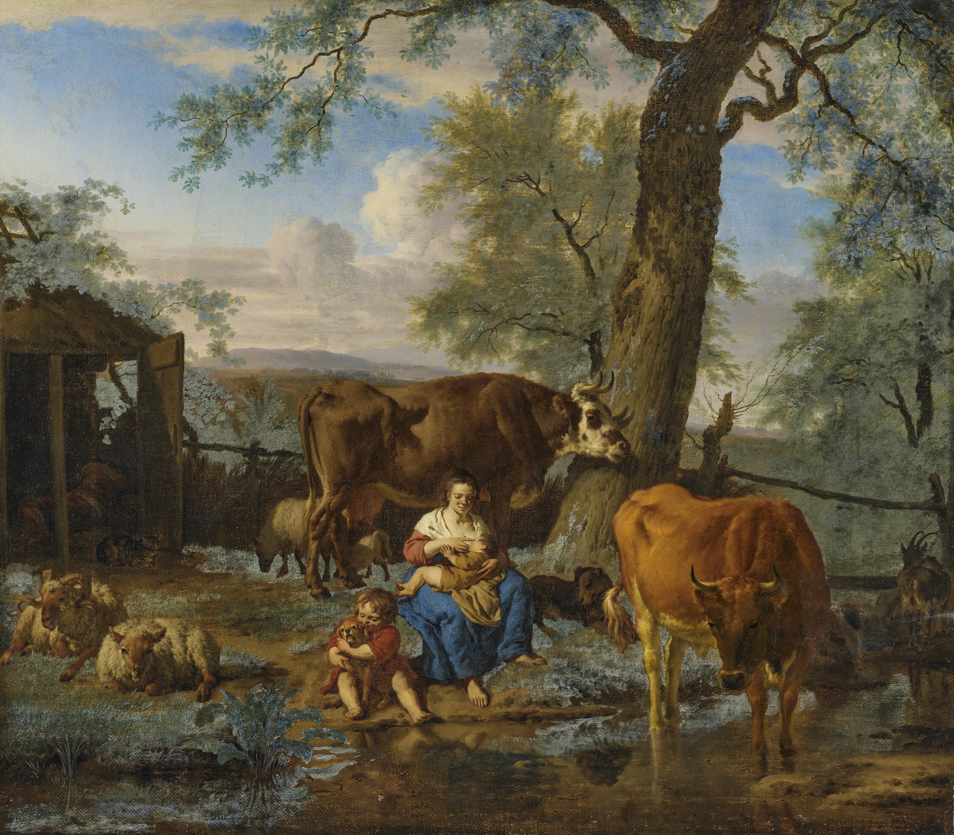 Adriaen van de Velde - A woman feeding her child, with a boy and dog playing, surrounded by cows and sheep in a landscape
