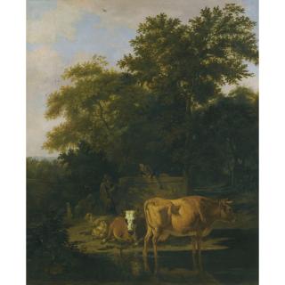 Adriaen Van De Velde - A Wooded Landscape At Dusk, With Two Herdsmen A Dog, Sheep And Cattle
