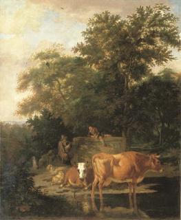 Adriaen Van de Velde - A Wooded Landscape With Herdsmen Resting And Cows Watering By A River