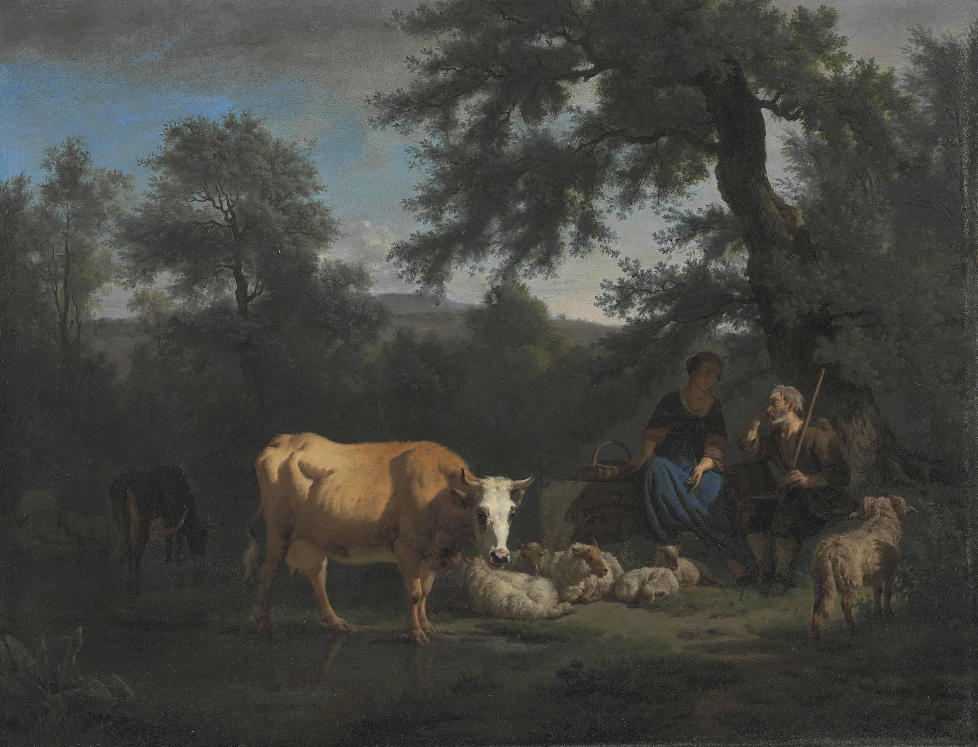 Adriaen Van De Velde - A Wooded River Landscape With Cattle Watering And A Shepherd And Shepherdess Resting Beneath A Tree