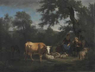 Adriaen Van De Velde - A Wooded River Landscape With Cattle Watering And A Shepherd And Shepherdess Resting Beneath A Tree