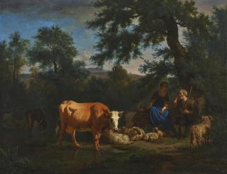 Adriaen van de Velde - A wooded river landscape with cattle watering and a shepherd and shepherdess resting with their flock beneath a tree