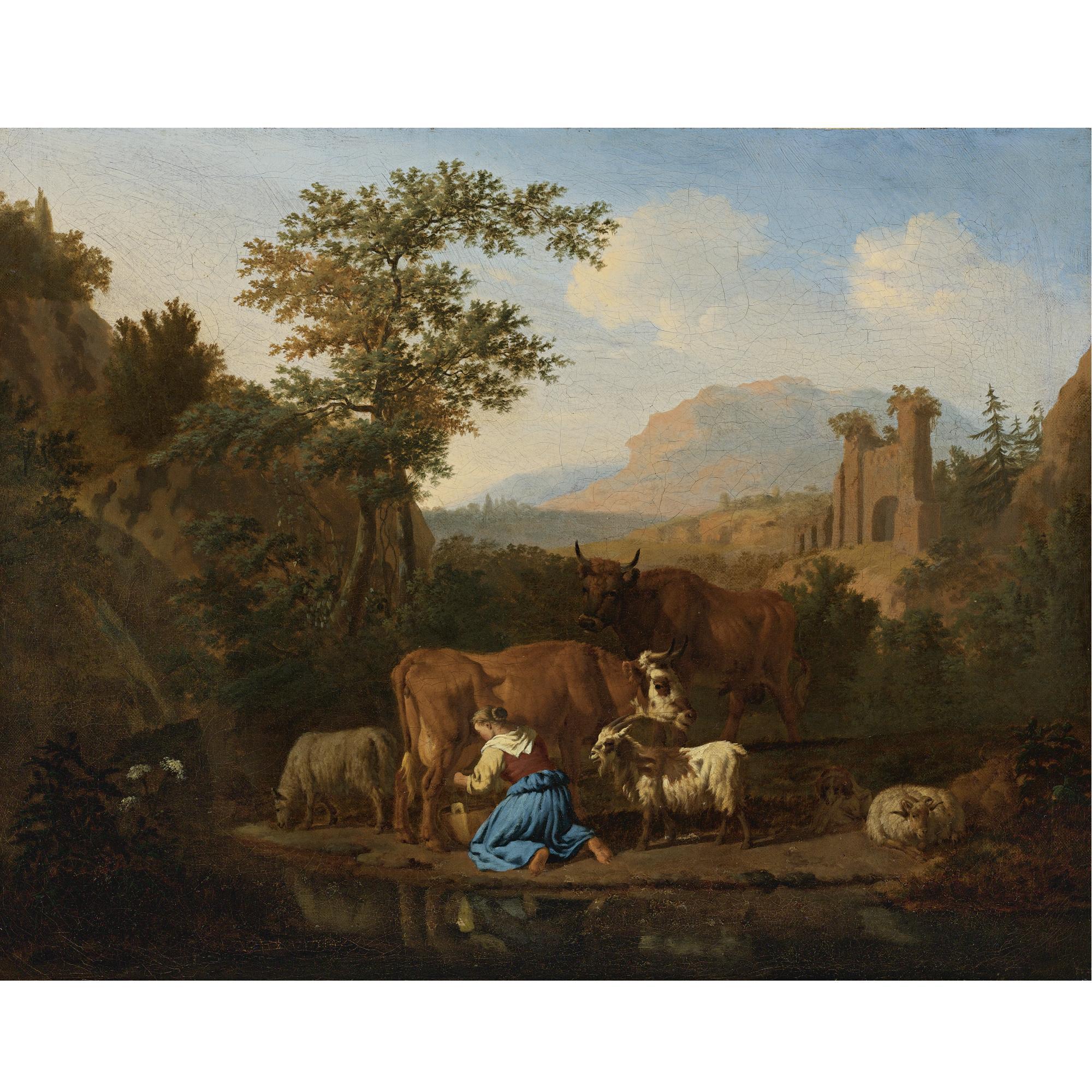 Adriaen van de Velde - An Arcadian Mountainous Landscape With A Milkmaid At The Edge Of A Stream Milking A Brown Cow, Sheep And Goats Grazing Nearby